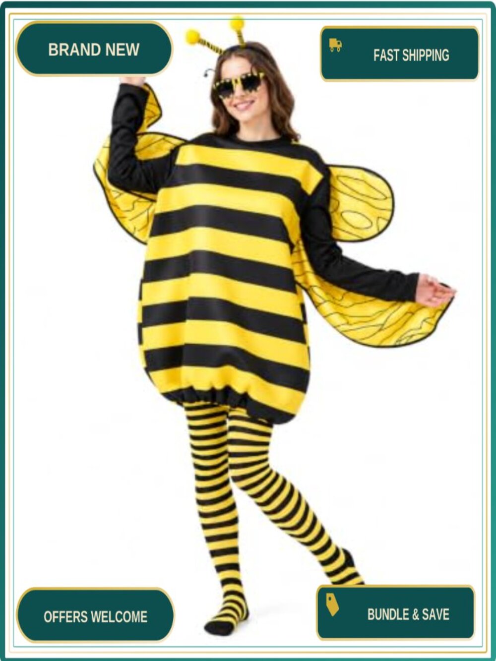 Bee Costume for Women 4-Piece Set with Antenna Headband, Glasses & Striped Socks